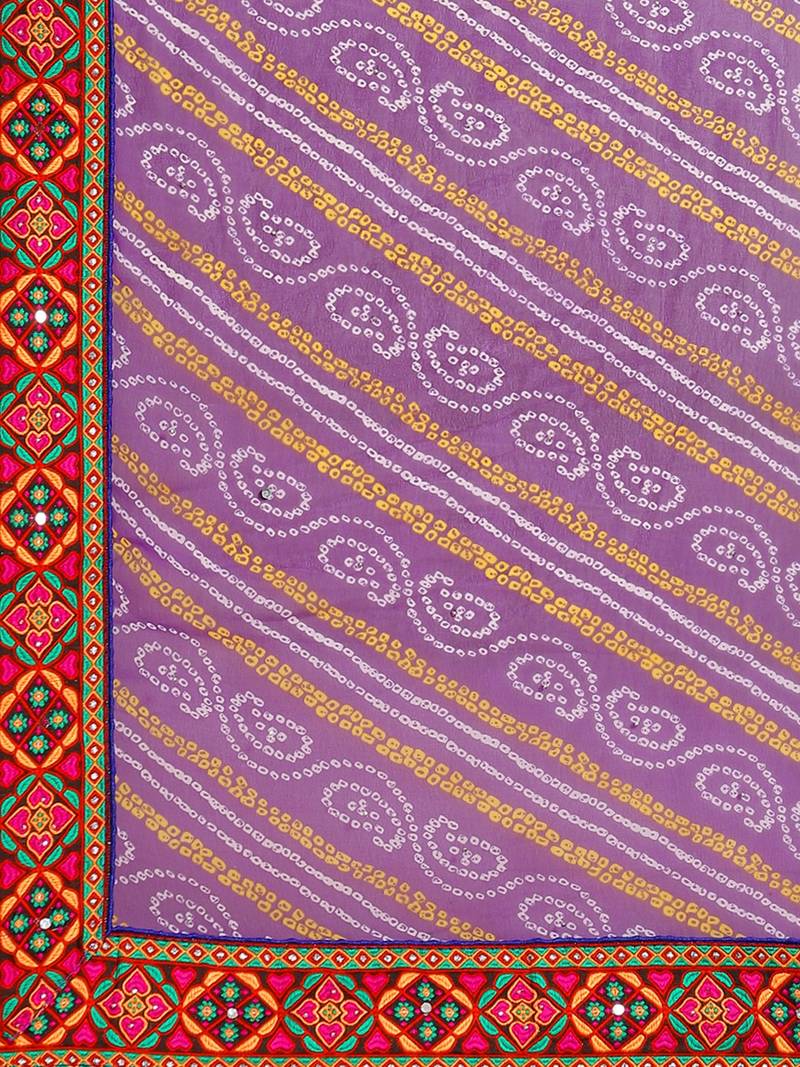 Purple & White Kutchi Embroidered Half and Half Bandhani Saree