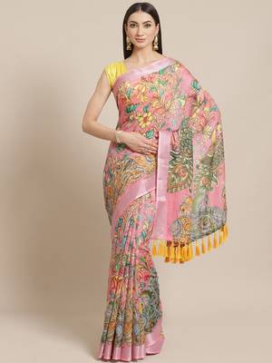 Pink & Yellow Kalamkari Print Saree 1