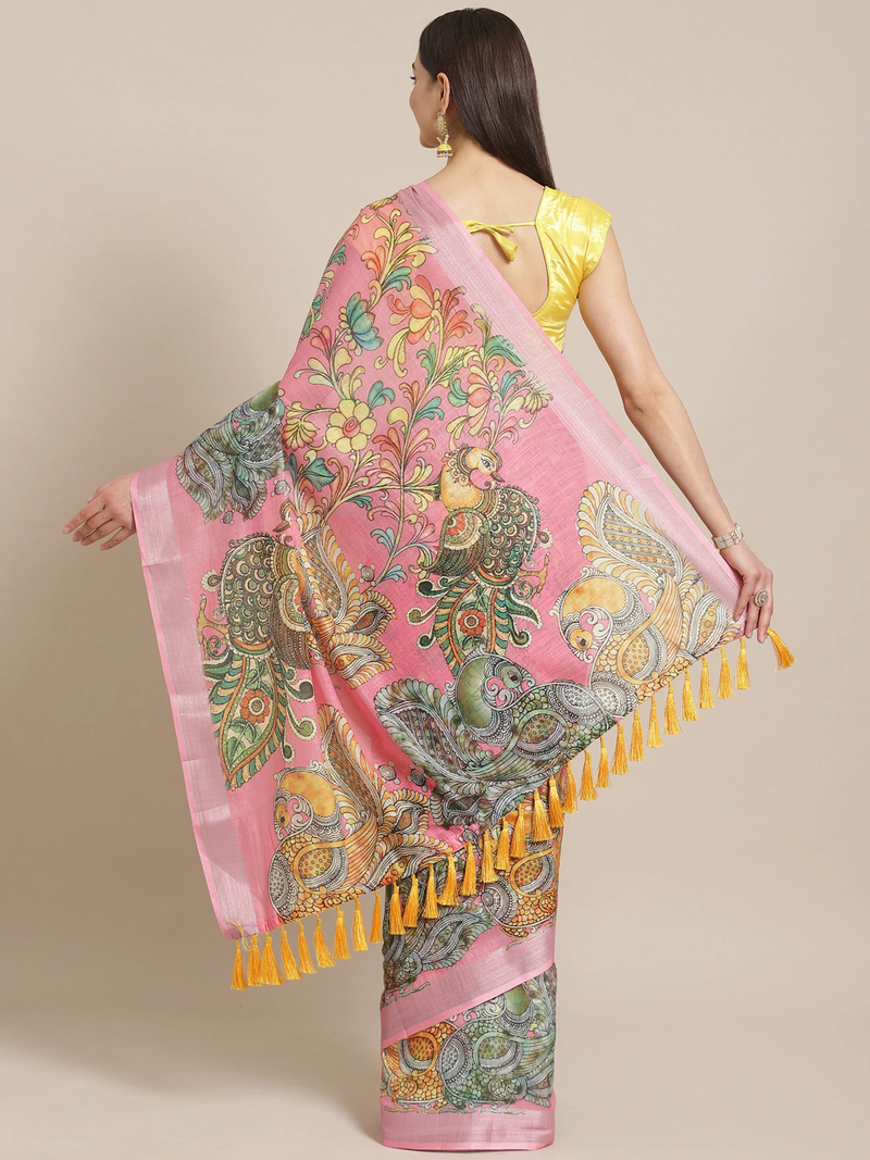 Pink & Yellow Kalamkari Print Saree