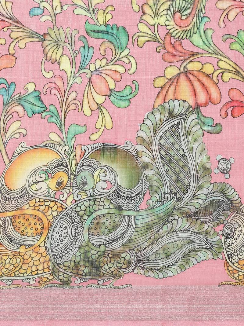 Pink & Yellow Kalamkari Print Saree