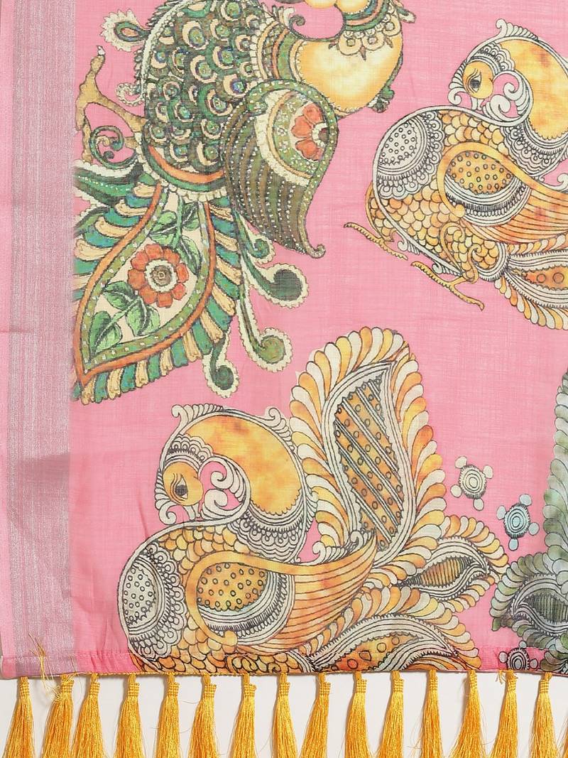 Pink & Yellow Kalamkari Print Saree