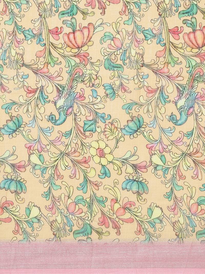 Pink & Yellow Kalamkari Print Saree