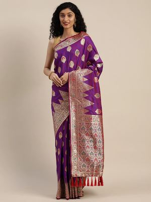 Purple & Gold-Toned Silk Blend Woven Design Kanjeevaram Saree 1