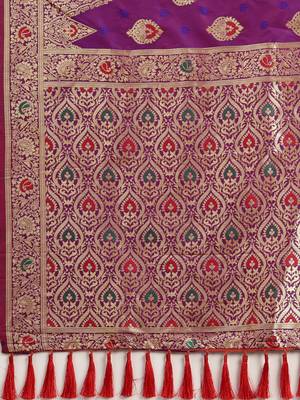 Purple & Gold-Toned Silk Blend Woven Design Kanjeevaram Saree 4