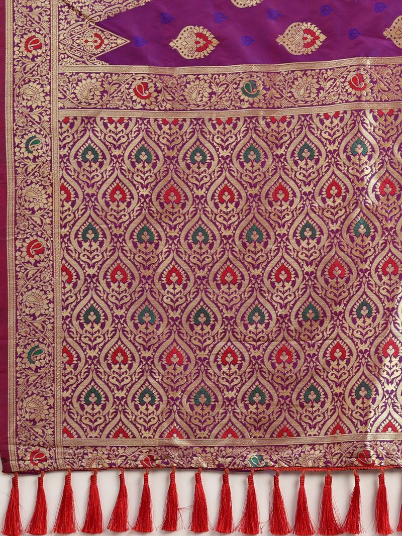 Purple & Gold-Toned Silk Blend Woven Design Kanjeevaram Saree