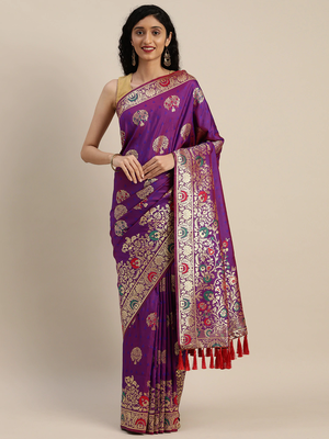 Purple & Golden Silk Blend Woven Design Kanjeevaram Saree 1