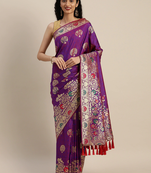 Purple & Golden Silk Blend Woven Design Kanjeevaram Saree