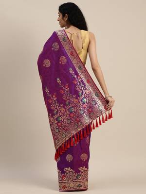 Purple & Golden Silk Blend Woven Design Kanjeevaram Saree 2