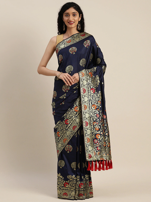 Navy Blue & Gold-Toned Silk Blend Woven Design Kanjeevaram Saree 1