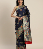 Navy Blue & Gold-Toned Silk Blend Woven Design Kanjeevaram Saree