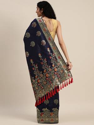 Navy Blue & Gold-Toned Silk Blend Woven Design Kanjeevaram Saree 2
