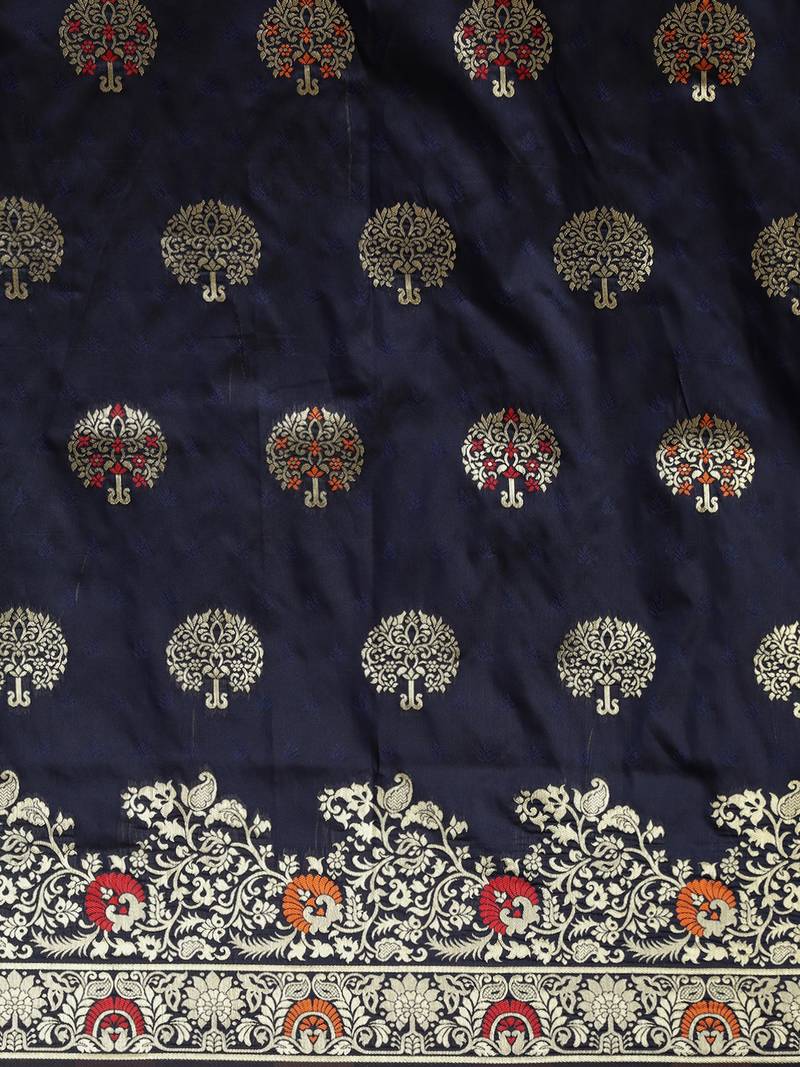 Navy Blue & Gold-Toned Silk Blend Woven Design Kanjeevaram Saree