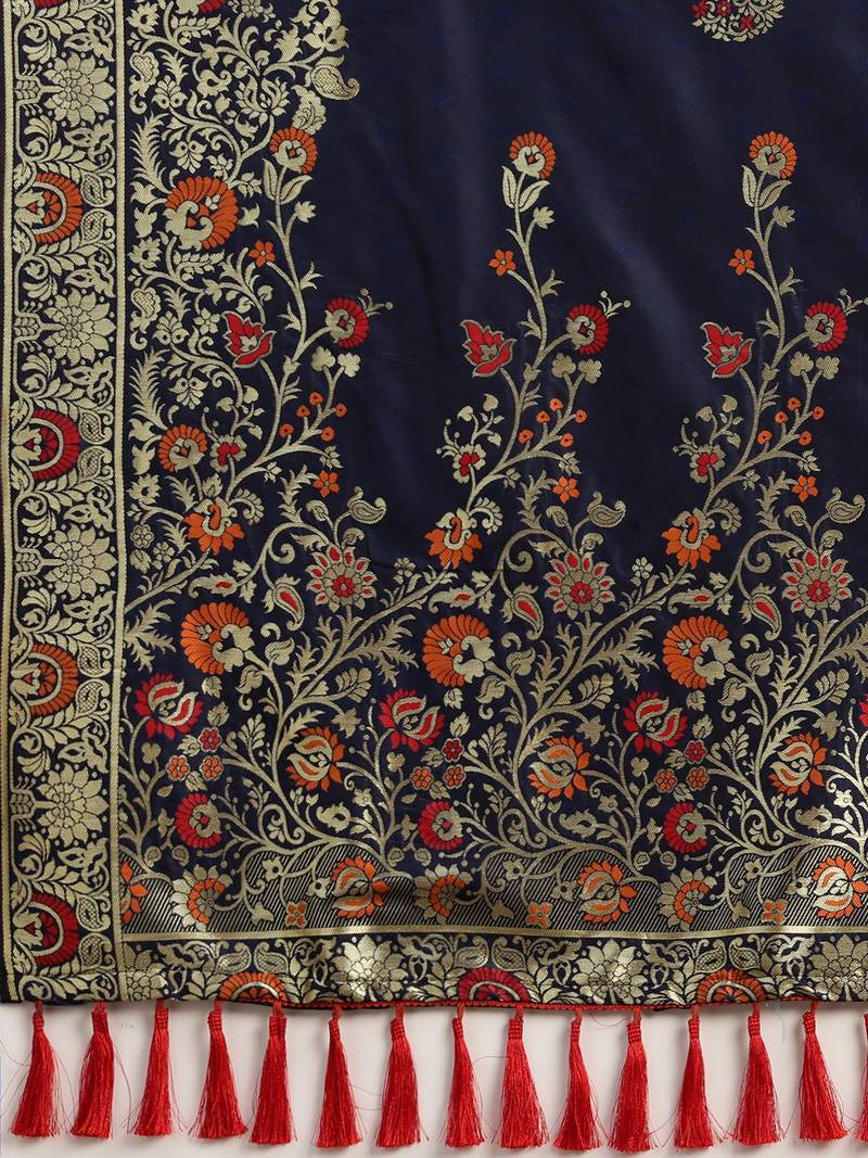 Navy Blue & Gold-Toned Silk Blend Woven Design Kanjeevaram Saree