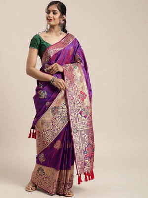 Purple & Gold-Toned Silk Blend Woven Design Kanjeevaram Saree 1