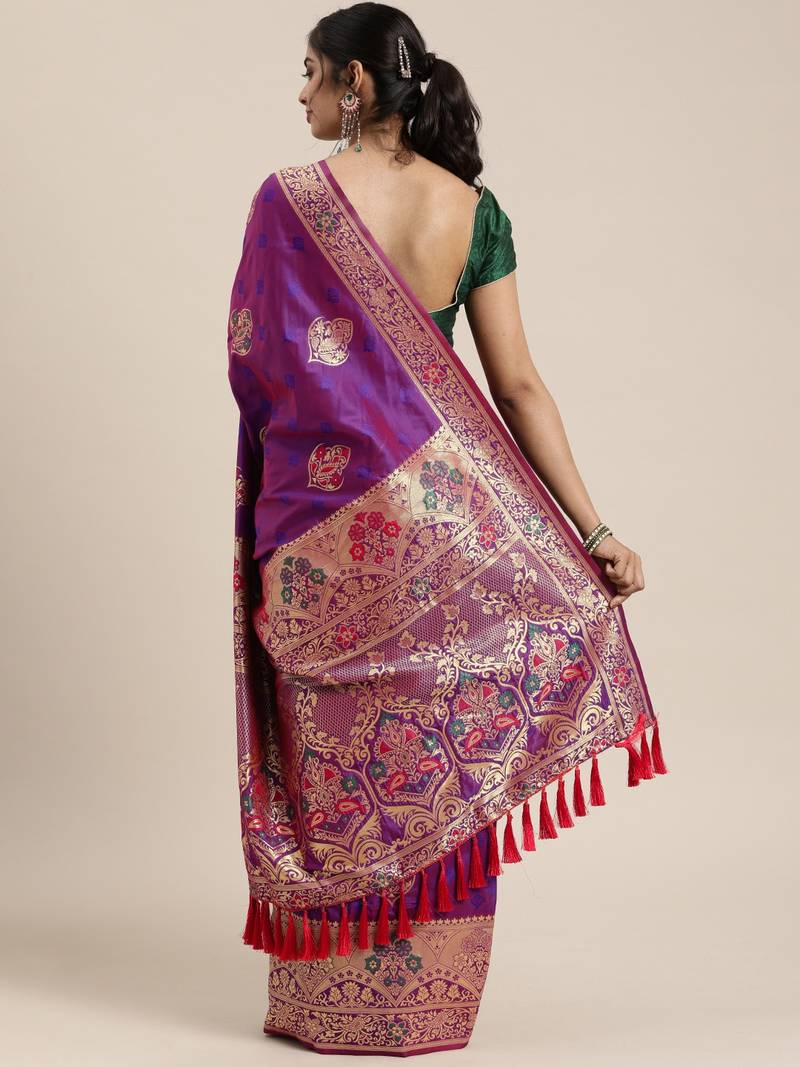 Purple & Gold-Toned Silk Blend Woven Design Kanjeevaram Saree
