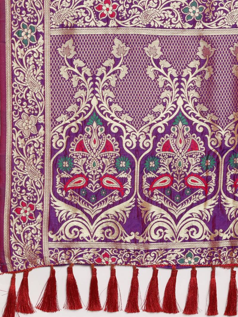 Purple & Gold-Toned Silk Blend Woven Design Kanjeevaram Saree