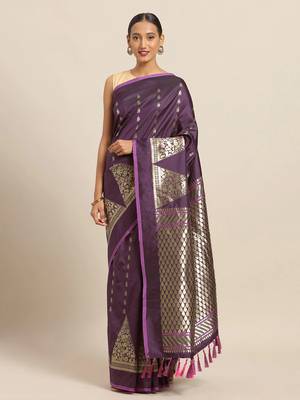 Purple & Pink Silk Blend Woven Design Banarasi Saree 1