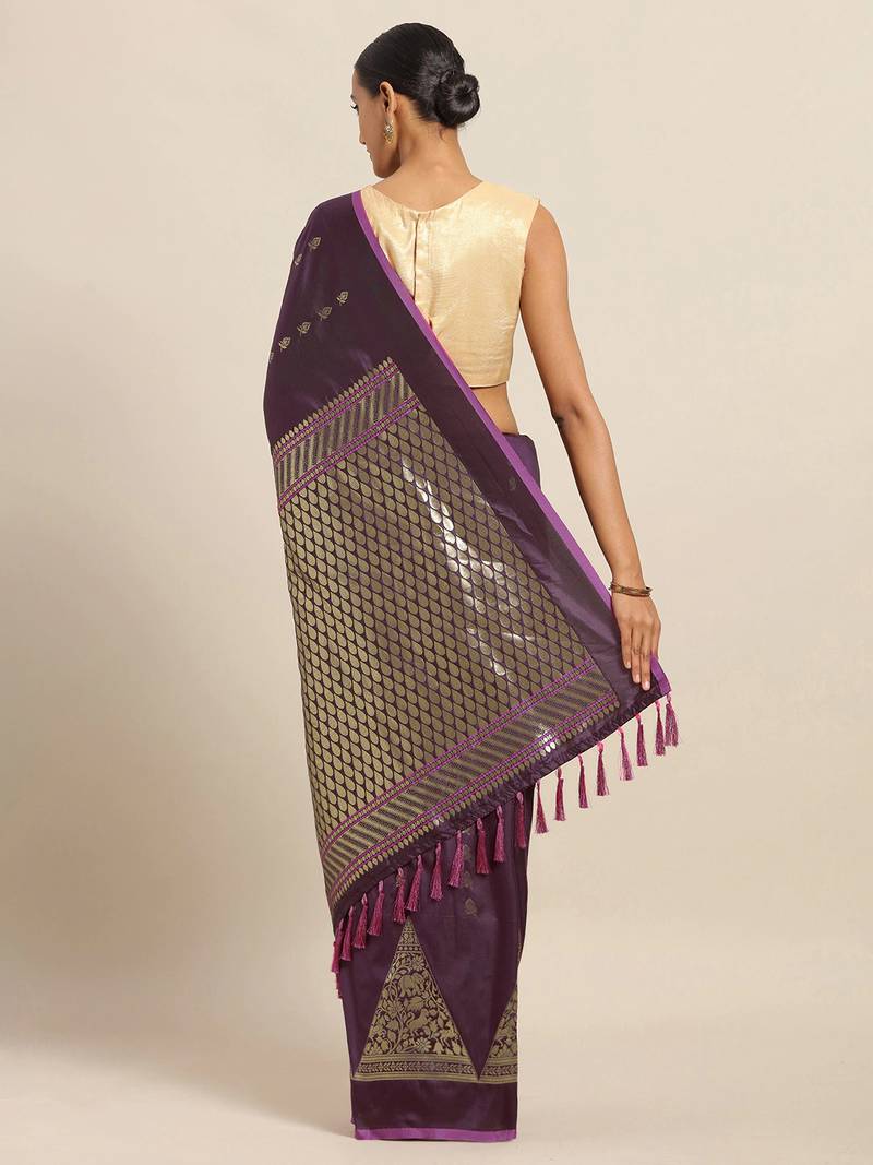 Purple & Pink Silk Blend Woven Design Banarasi Saree