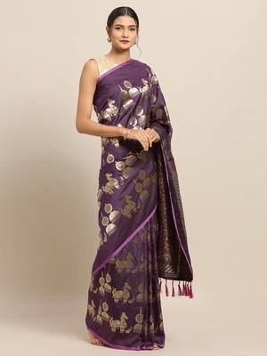 Purple & Gold-Coloured Silk Blend Printed Kesari Paithani Banarasi Saree 1