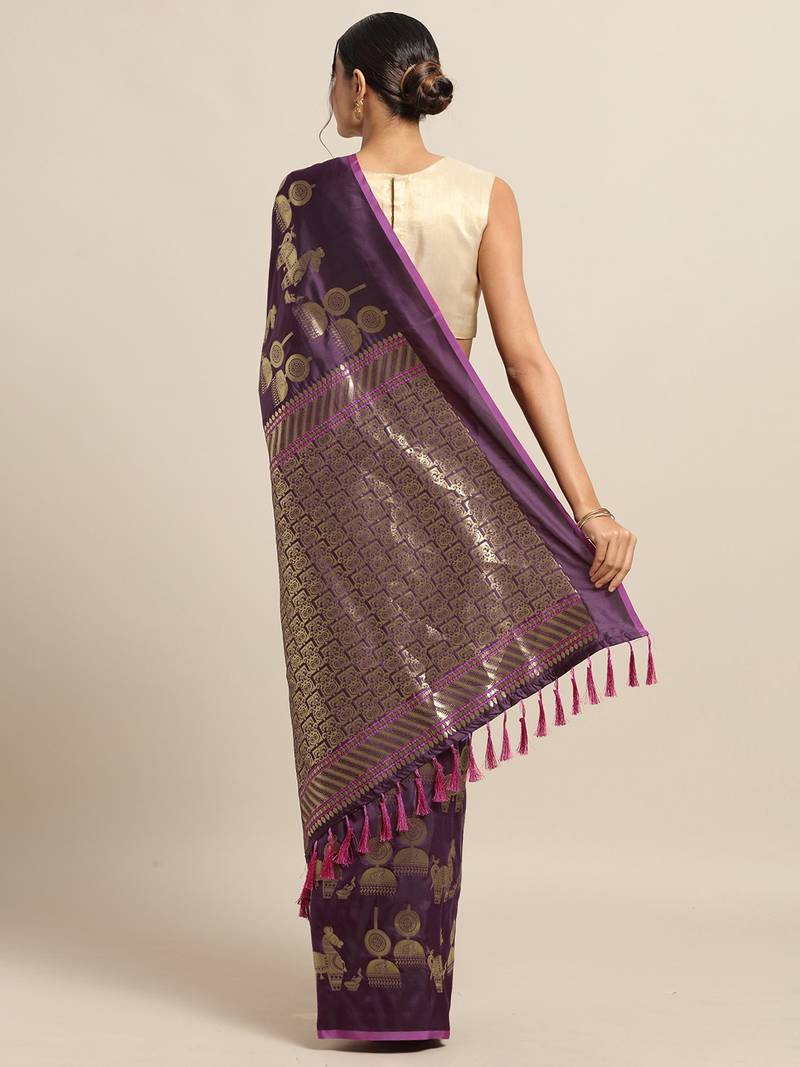 Purple & Gold-Coloured Silk Blend Printed Kesari Paithani Banarasi Saree