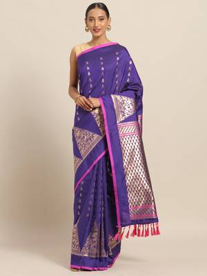 Violet & Pink Silk Blend Woven Design Banarasi Saree 1