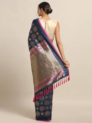 Nblue New Soft Silk Banarasi Tempel Animal Kesari Paithani Saree 2