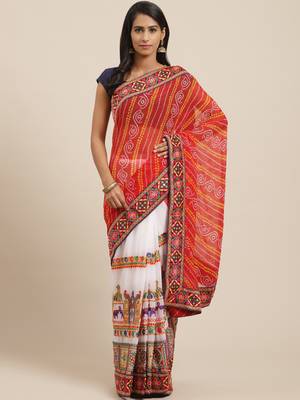 Red & White Printed Half & Half Bandhani Saree 1