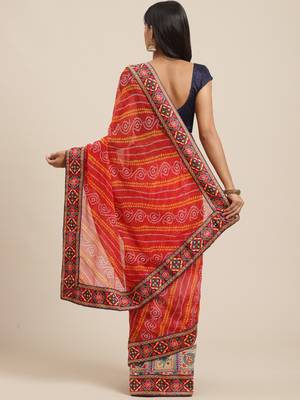 Red & White Printed Half & Half Bandhani Saree 2