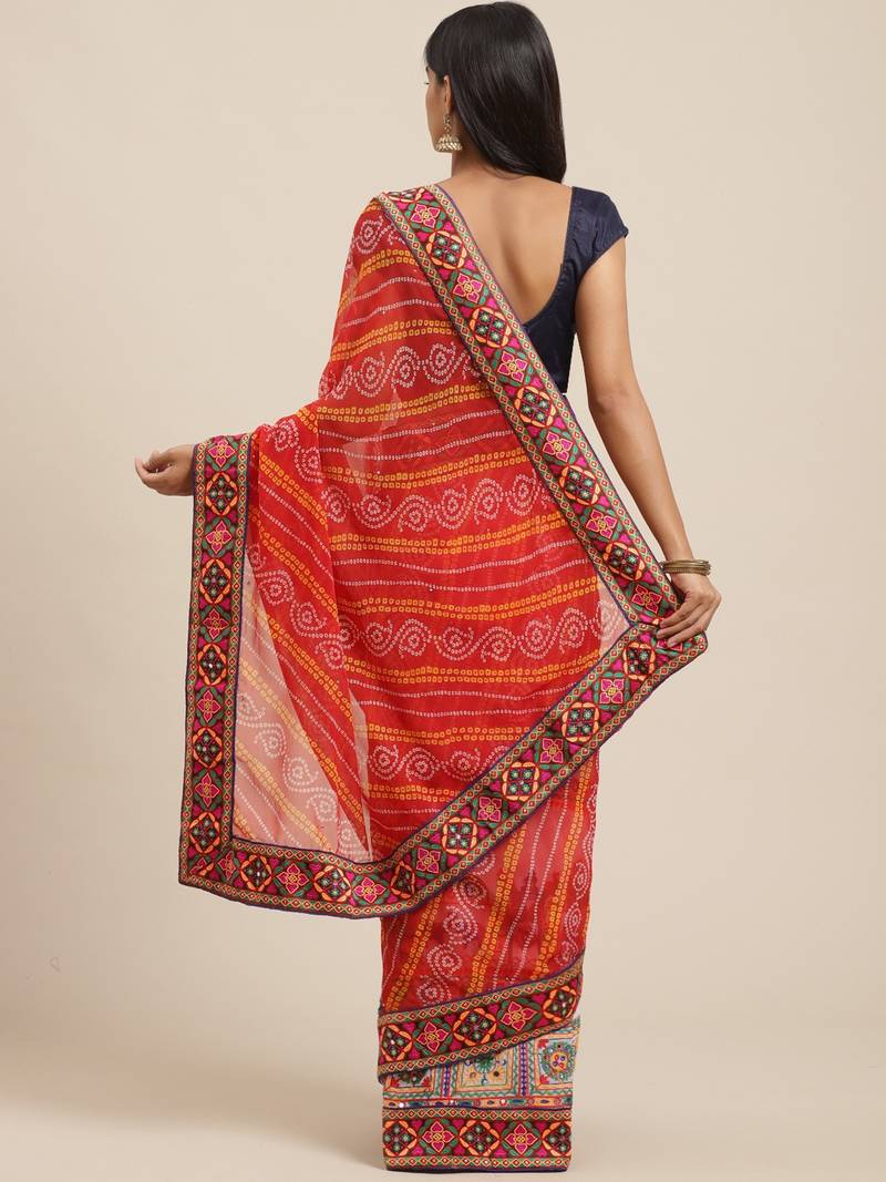 Red & White Printed Half & Half Bandhani Saree