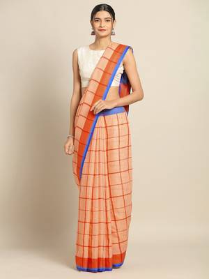 Orange & Blue Linen Blend Checked Banarasi Saree 1