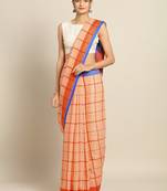 Orange & Blue Linen Blend Checked Banarasi Saree