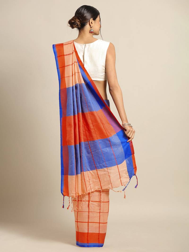 Orange & Blue Linen Blend Checked Banarasi Saree