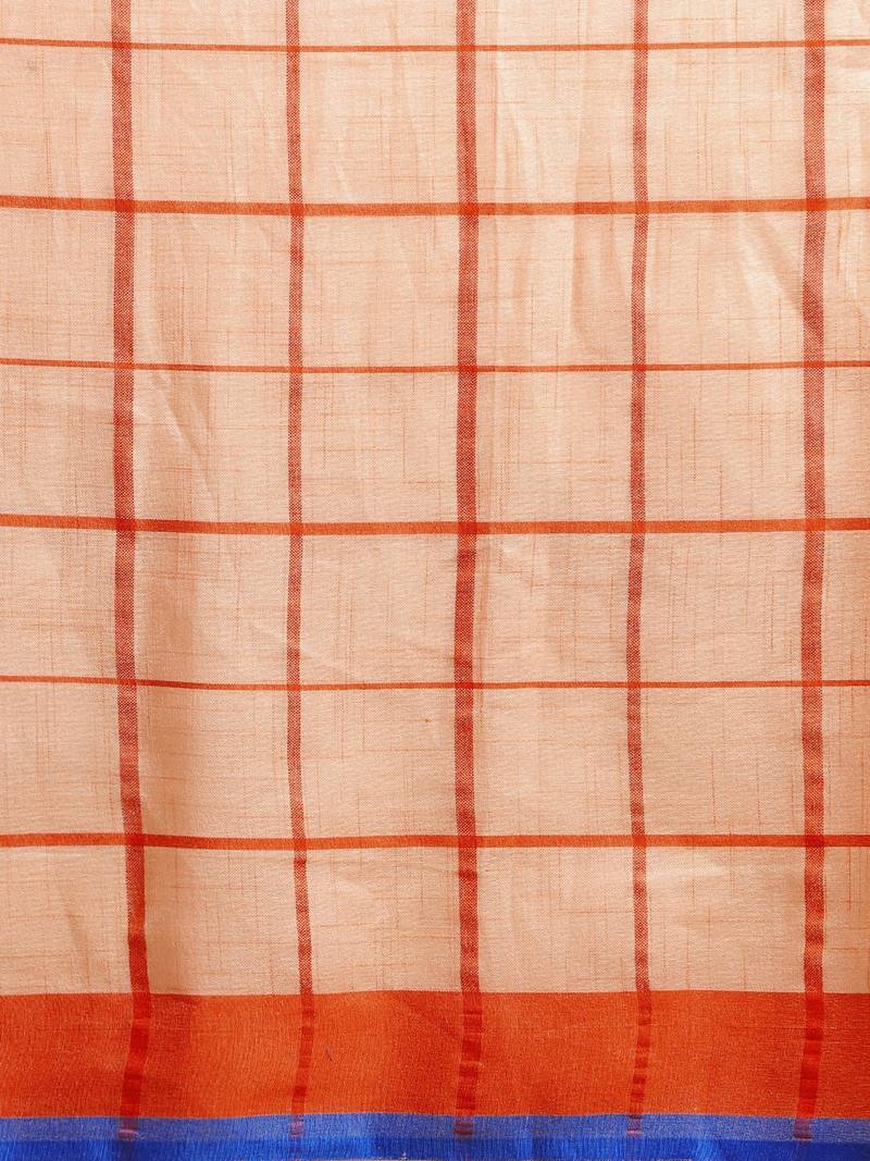 Orange & Blue Linen Blend Checked Banarasi Saree