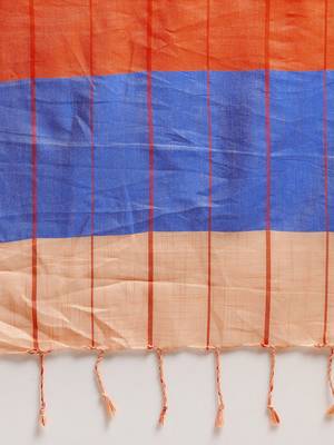 Orange & Blue Linen Blend Checked Banarasi Saree 4