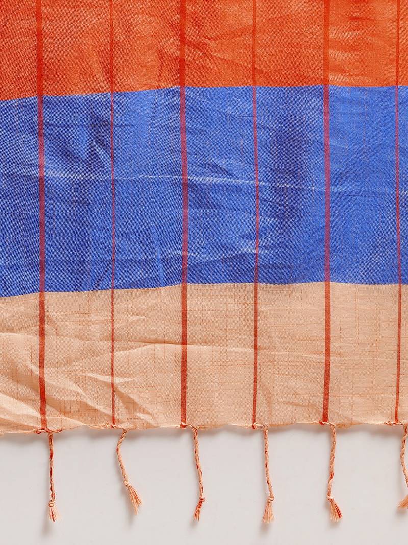 Orange & Blue Linen Blend Checked Banarasi Saree