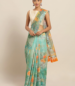 Green & Orange Linen Blend Printed Khadi Saree