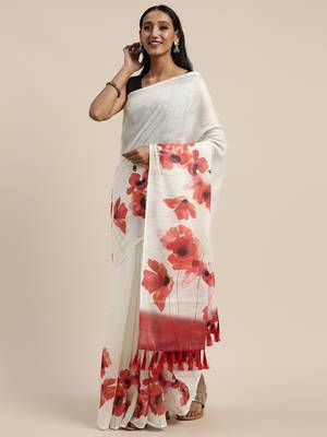 White & Red Linen Blend Floral Printed Saree 1