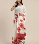 White & Red Linen Blend Floral Printed Saree