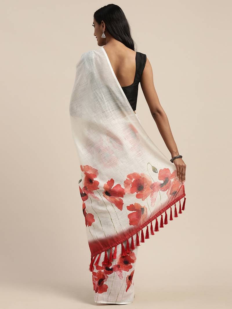 White & Red Linen Blend Floral Printed Saree