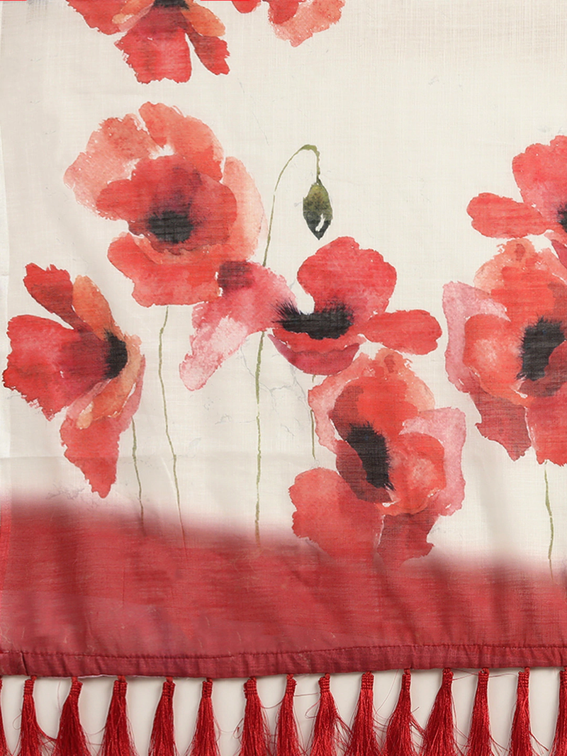 White & Red Linen Blend Floral Printed Saree