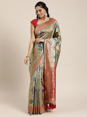Grey Silk Blend Woven Design Patola Saree 1
