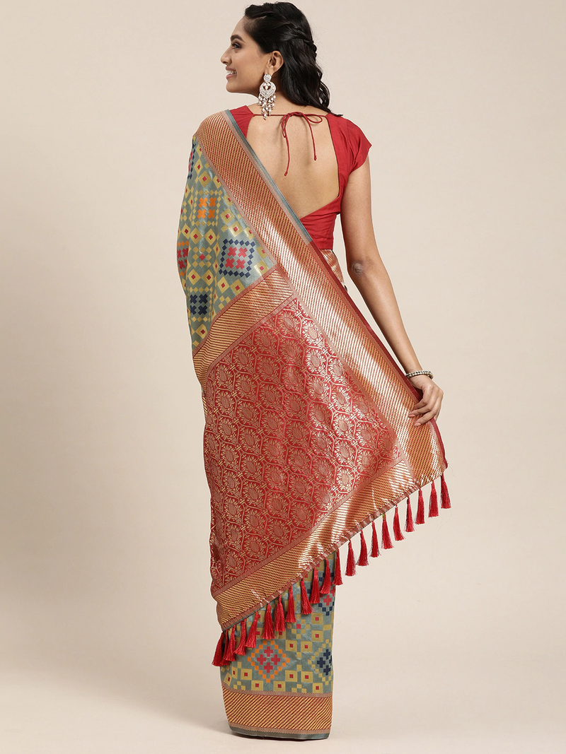 Grey Silk Blend Woven Design Patola Saree