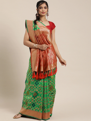 Green & Red Silk Blend Woven Design Patola Saree 1