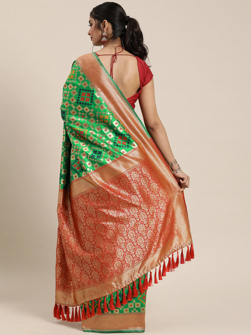 Green & Red Silk Blend Woven Design Patola Saree