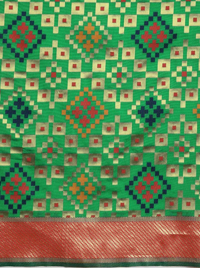 Green & Red Silk Blend Woven Design Patola Saree