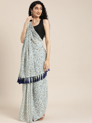 White & Blue Linen Blend Printed Bandhani Saree 1