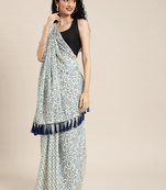White & Blue Linen Blend Printed Bandhani Saree