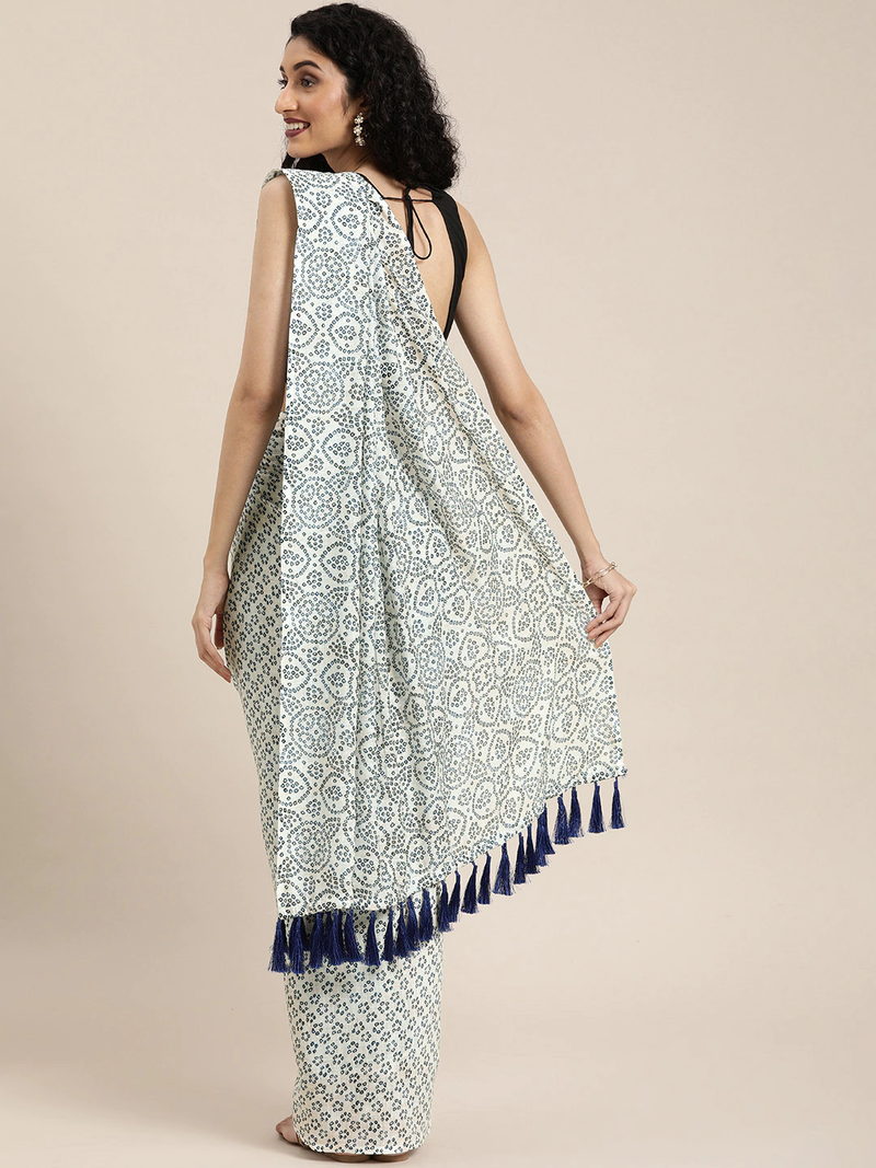 White & Blue Linen Blend Printed Bandhani Saree