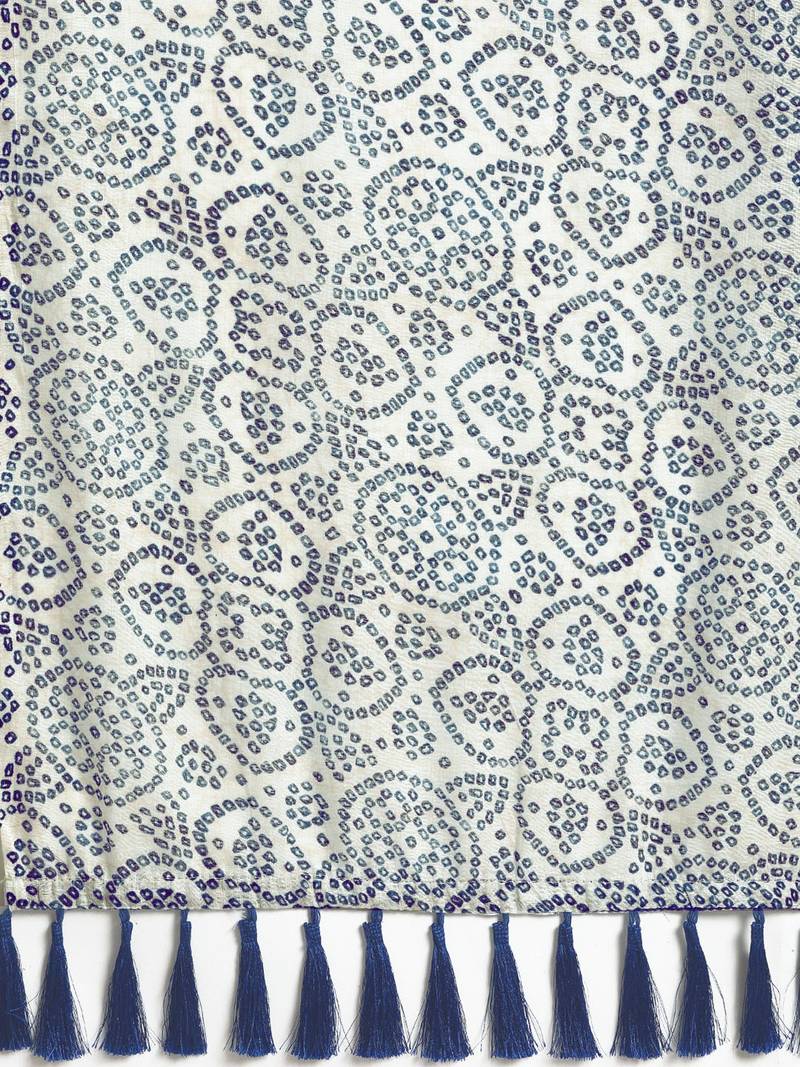 White & Blue Linen Blend Printed Bandhani Saree