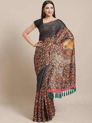 Black & Orange Digital Print Maheshwari Saree 1